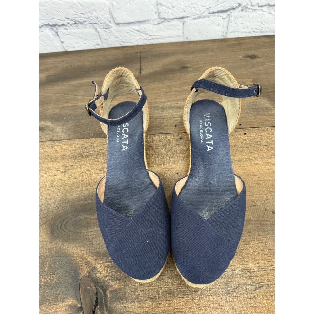 VISCATA Navy Canvas Espadrille Wedge Sandals with Ankle Strap - Picture 2 of 9